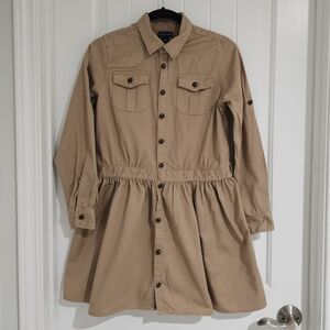 Girl's Ralph Lauren Khaki Collared Long Sleeve Button Flare Skirt Dress sz‎ 16
